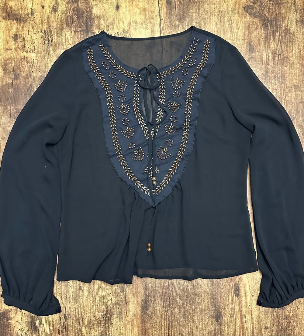 H&M Black Womenswear Blouse with Sheer Fabric Gold Beaded Embellishment Tie Neck